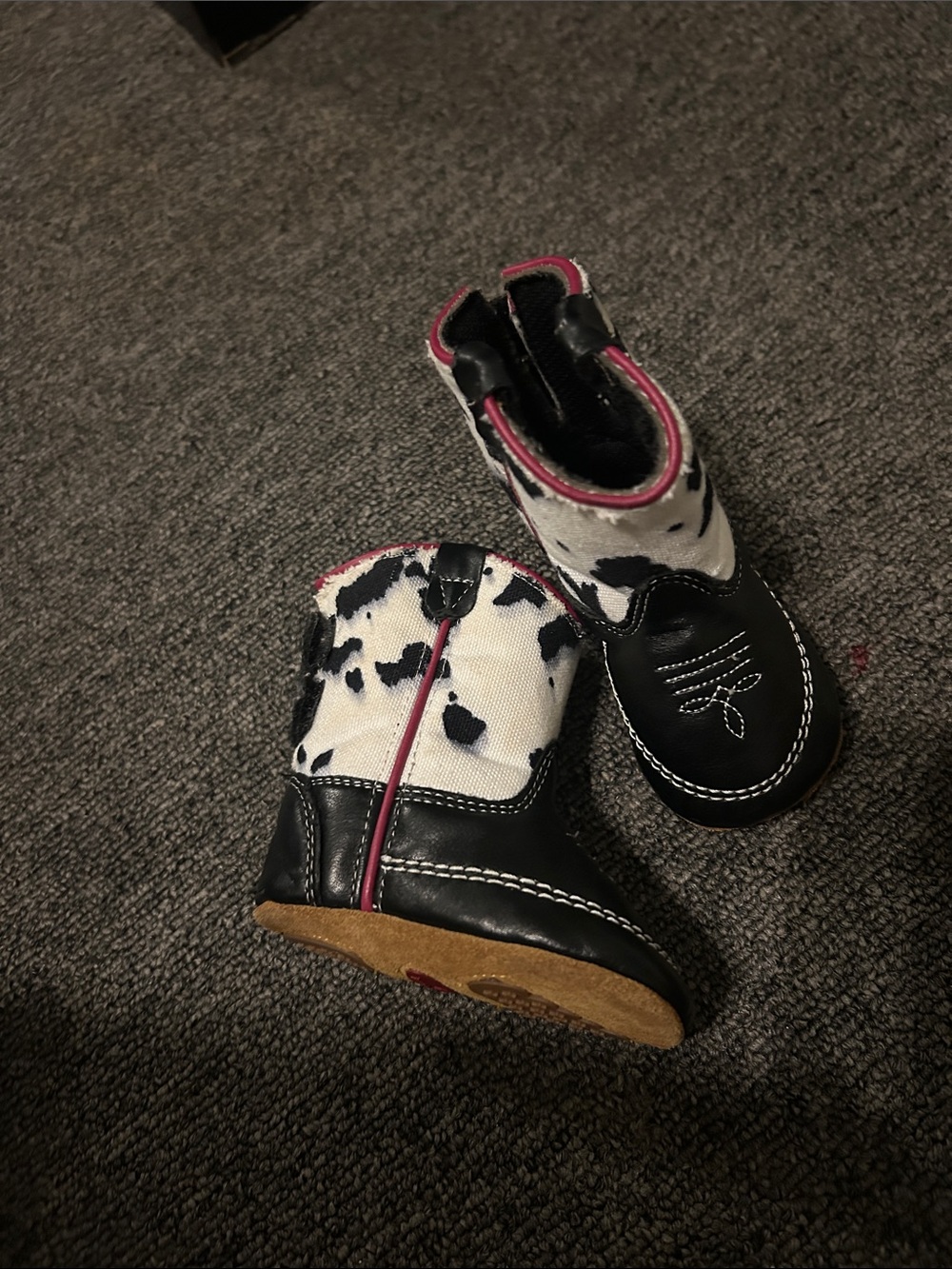 Cow-Print Black & White new born Western Boots with Pink Trim